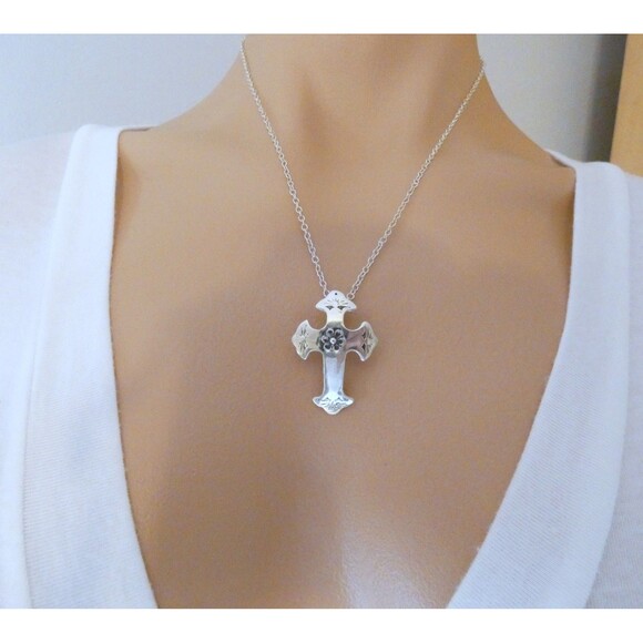 VTG Sterling Silver Hand Made Cross Pendant Mexico Signed OOAK - Picture 8 of 9